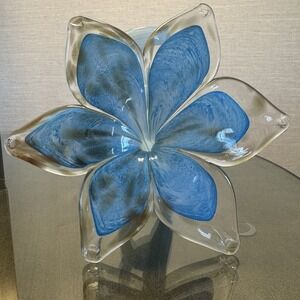 Vintage Hand-blown Murano Art Glass Flower W/Curled Stem Blue Clear Glitter